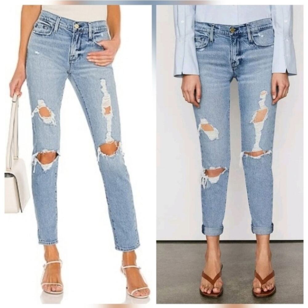 FRAME Le Garçon Distressed Jeans Size 28 Light Wash Straight Leg Raw Hem Casual